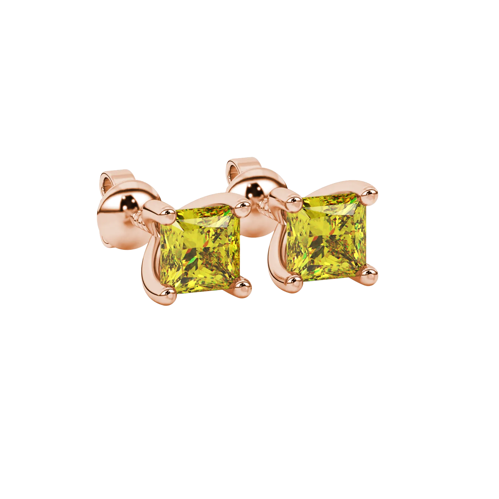 Close-up, princess canary yellow gemstone earrings, rose gold four-prong setting.