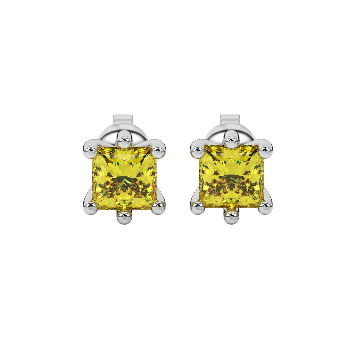 Princess canary yellow gemstone earrings, white gold six-prong setting.