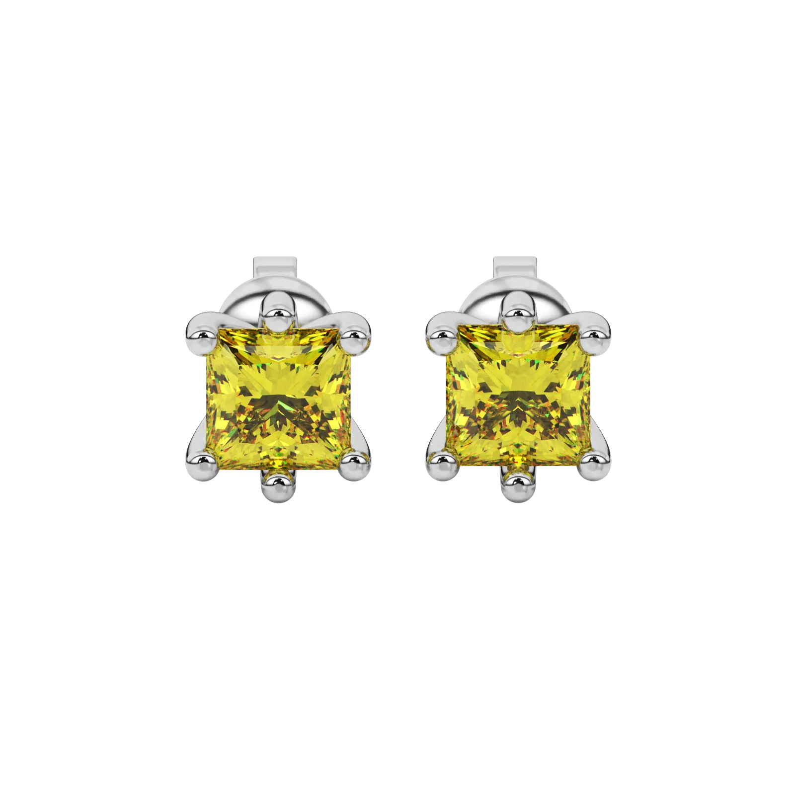 Princess canary yellow gemstone earrings, white gold six-prong setting.