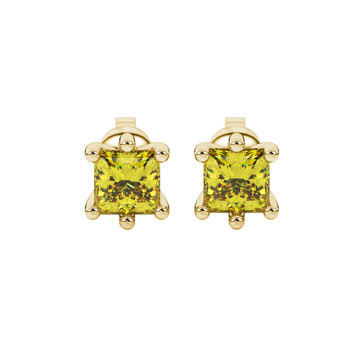 Princess canary yellow gemstone earrings, yellow gold six-prong setting.