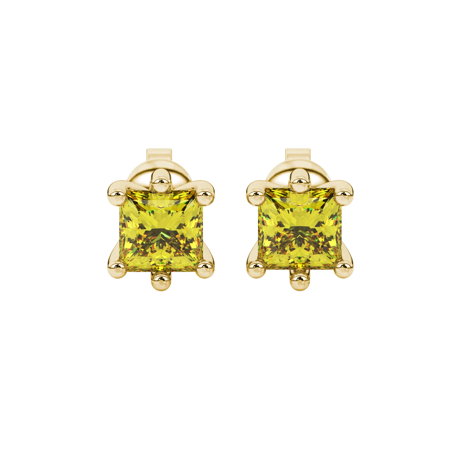 Princess canary yellow gemstone earrings, yellow gold six-prong setting.