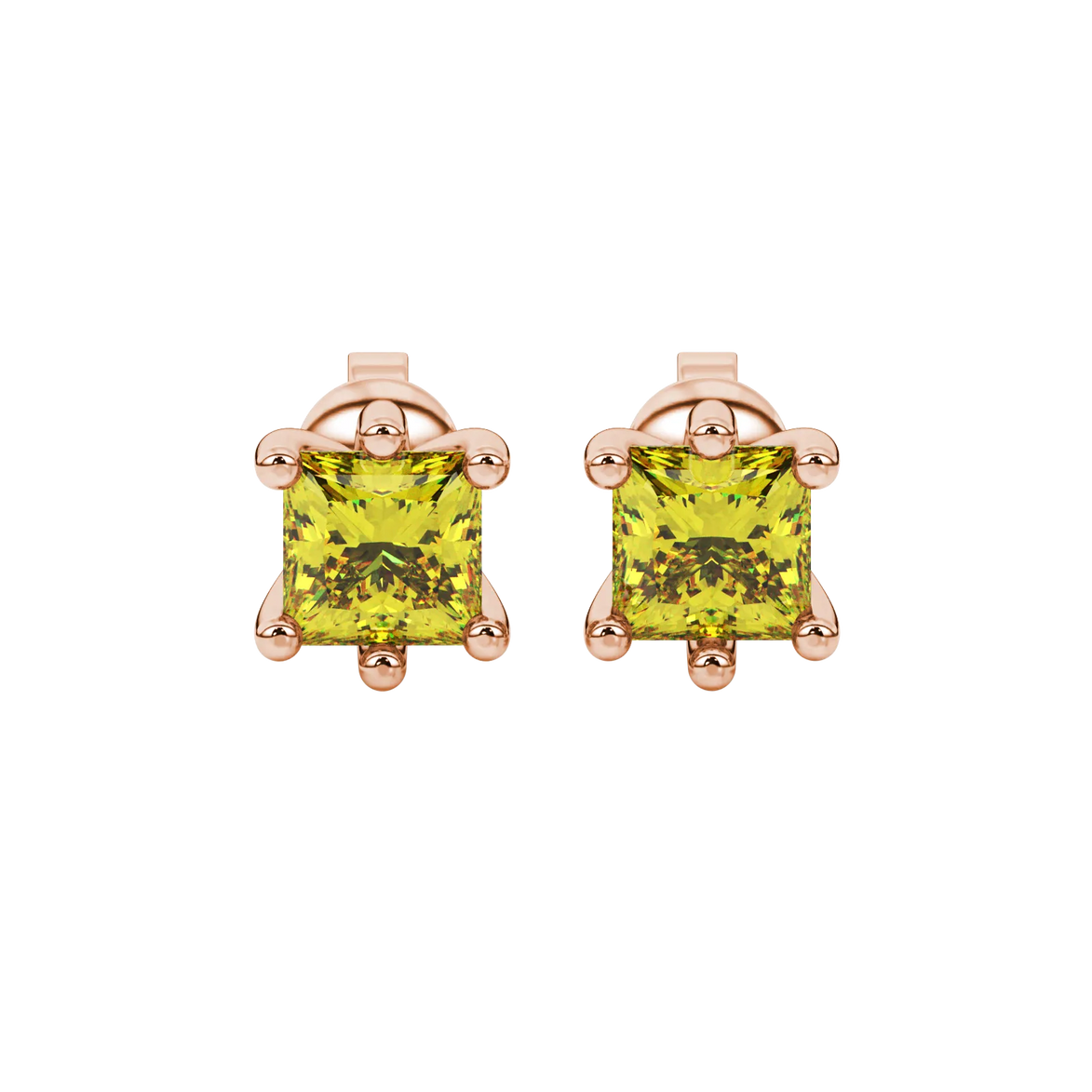 Princess canary yellow gemstone earrings, rose gold six-prong setting.