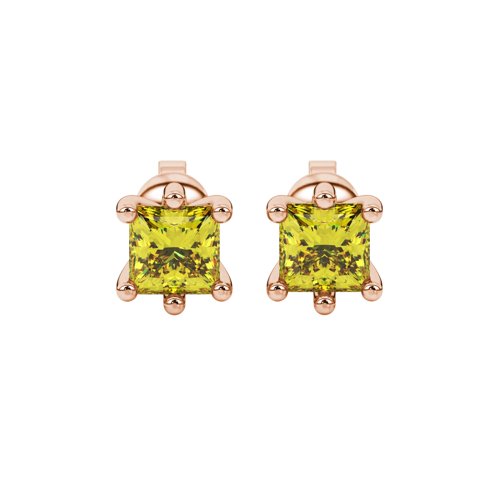 Princess canary yellow gemstone earrings, rose gold six-prong setting.