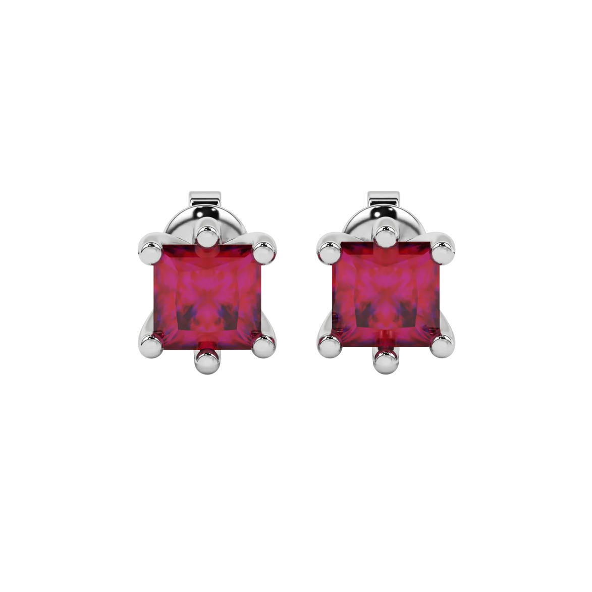 Princess raspberry red gemstone earrings, white gold six-prong setting.
