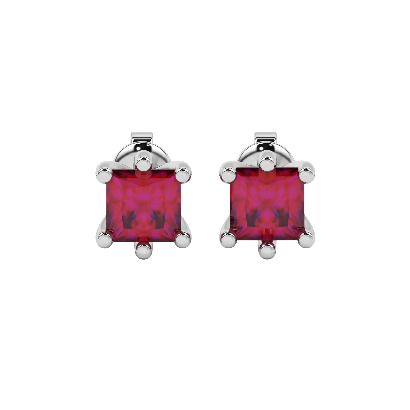 Princess raspberry red gemstone earrings, white gold six-prong setting.