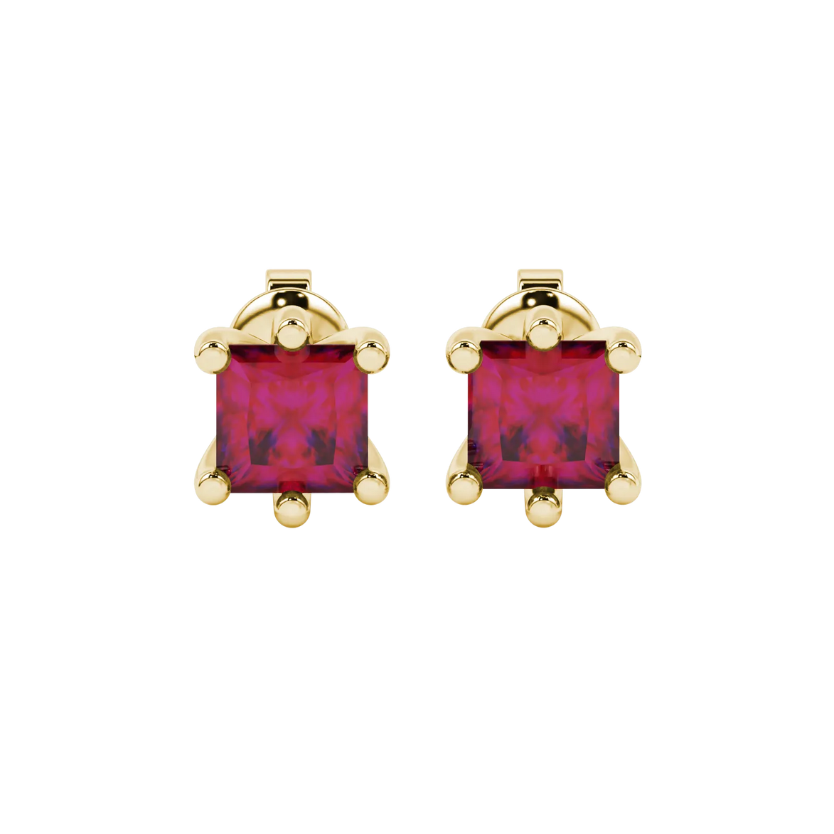 Princess raspberry red gemstone earrings, yellow gold six-prong setting.