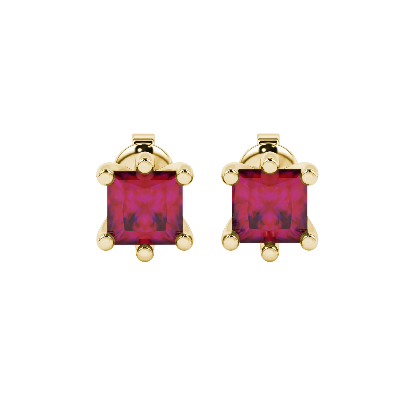 Princess raspberry red gemstone earrings, yellow gold six-prong setting.