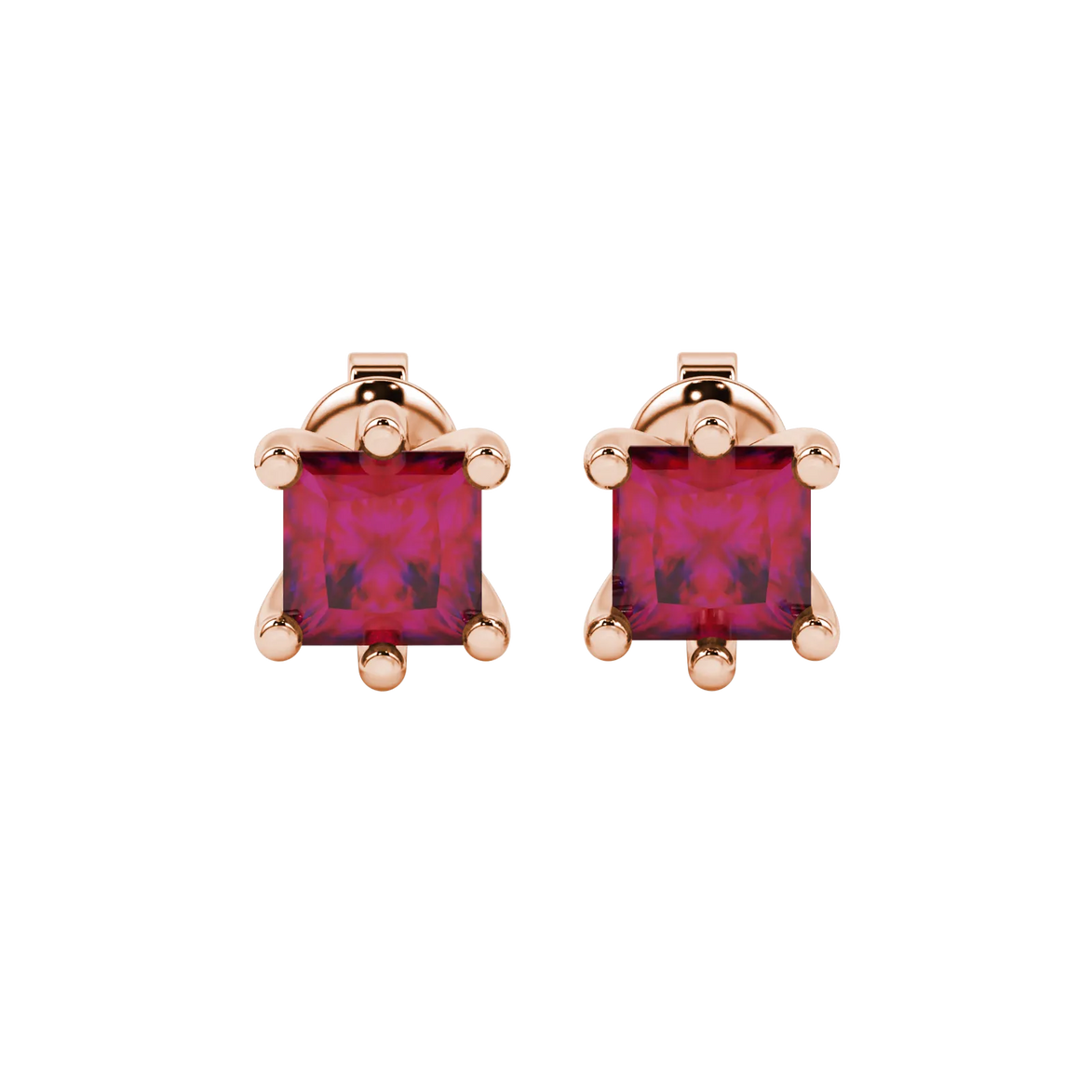 Princess raspberry red gemstone earrings, rose gold six-prong setting.
