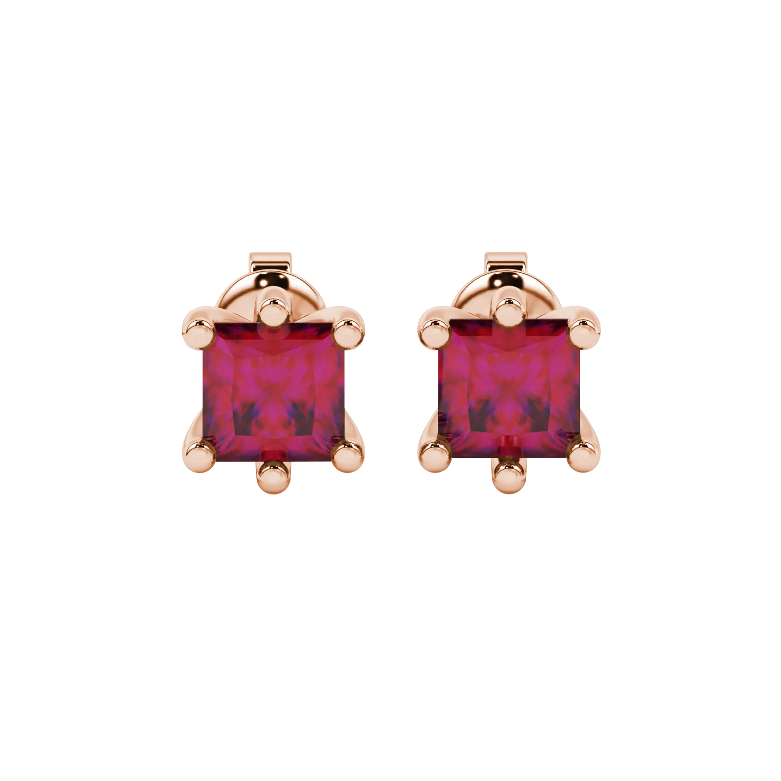 Princess raspberry red gemstone earrings, rose gold six-prong setting.