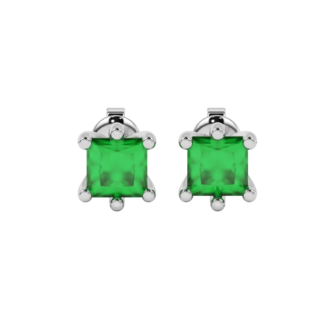 Princess emerald green gemstone earrings, white gold six-prong setting.