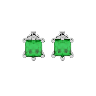 Princess emerald green gemstone earrings, white gold six-prong setting.