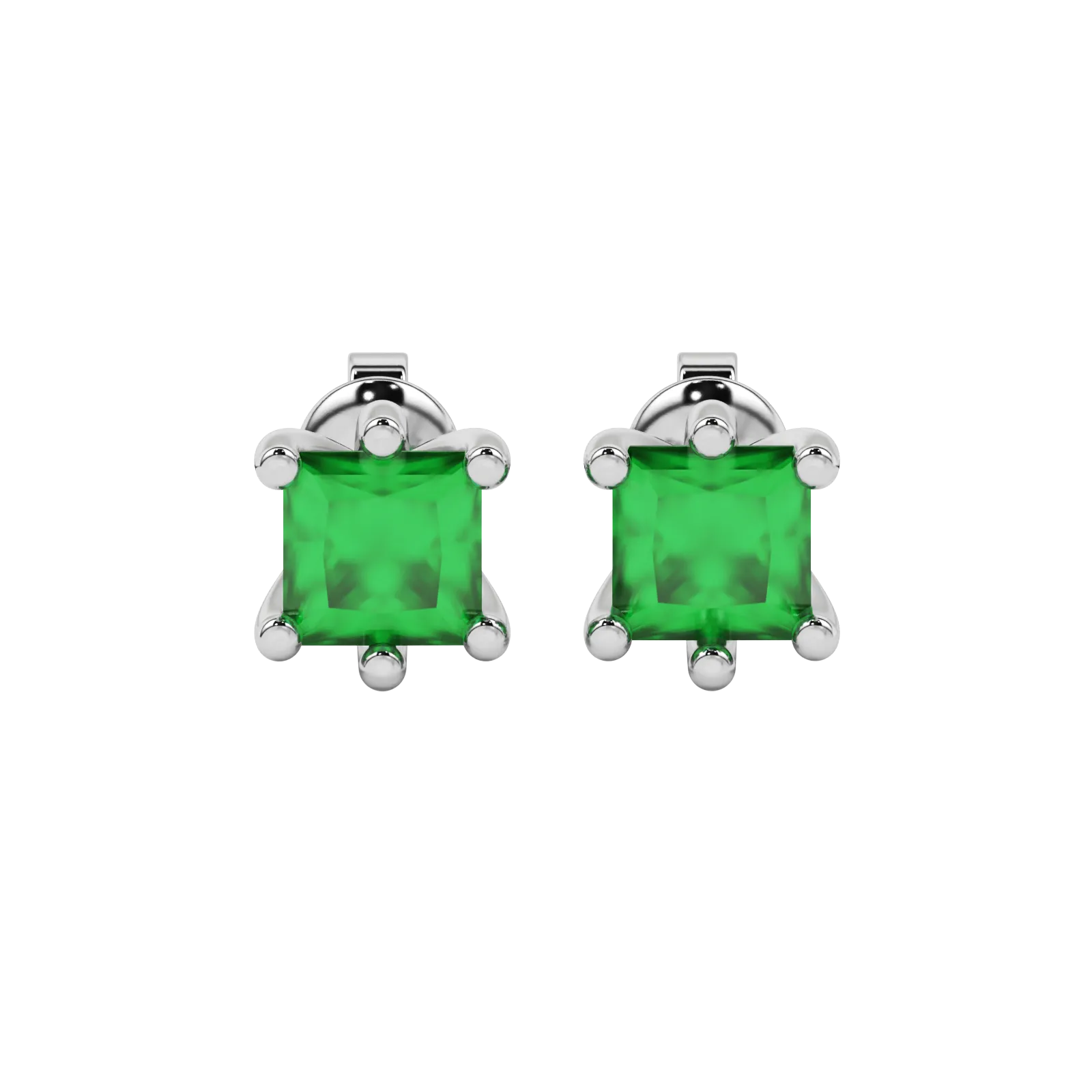 Princess emerald green gemstone earrings, white gold six-prong setting.