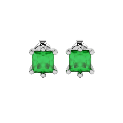 Princess emerald green gemstone earrings, white gold six-prong setting.