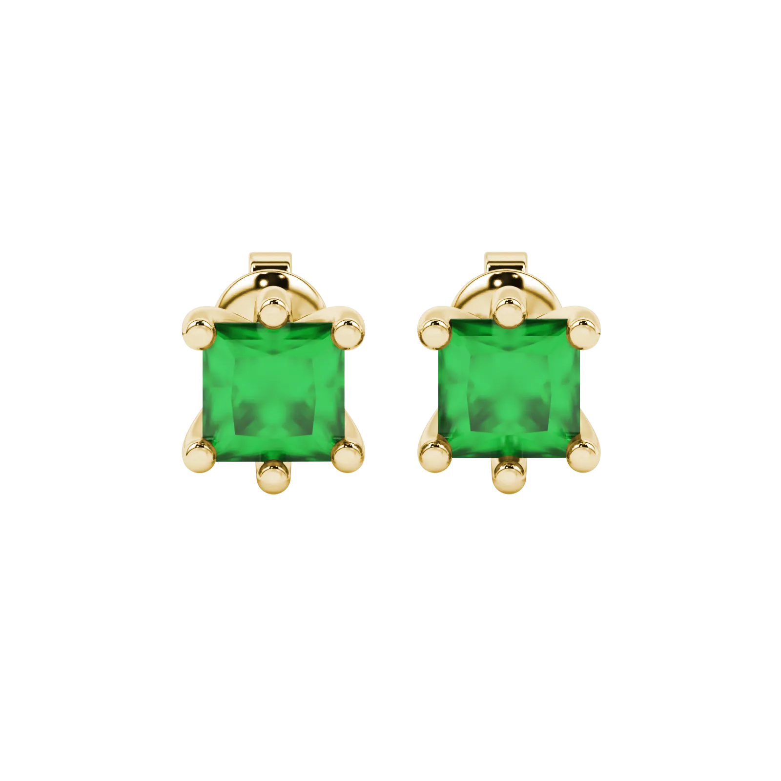 Princess emerald green gemstone earrings, yellow gold six-prong setting.