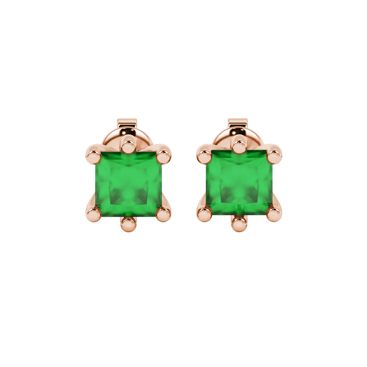 Princess emerald green gemstone earrings, rose gold six-prong setting.