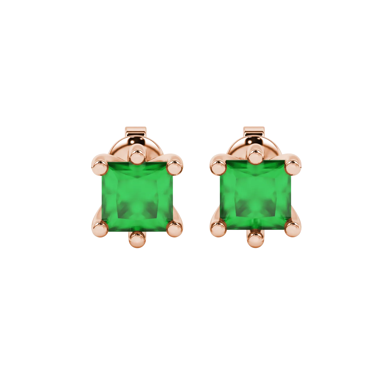 Princess emerald green gemstone earrings, rose gold six-prong setting.