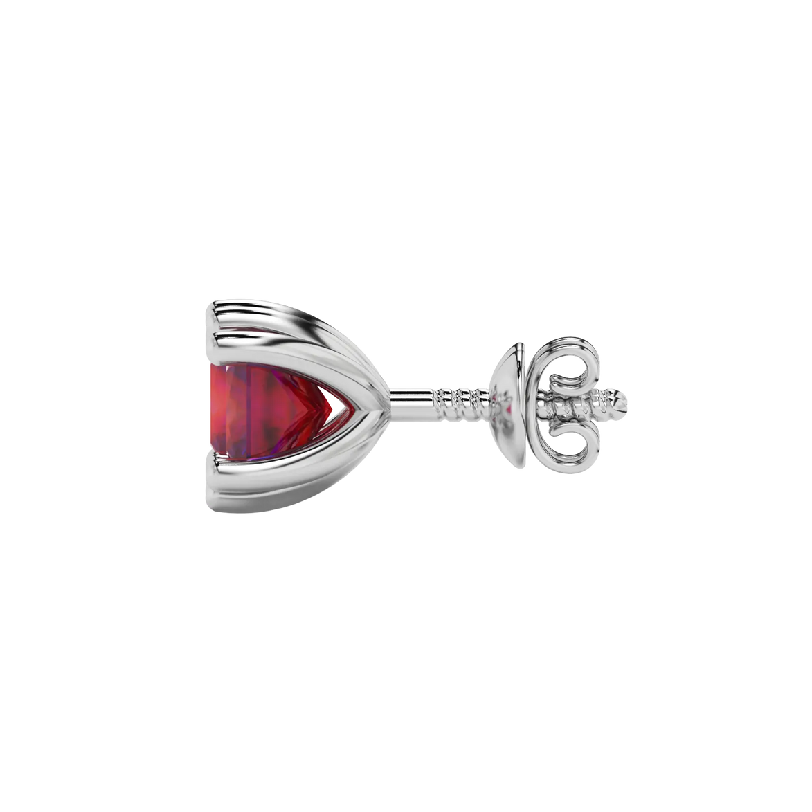 Side profile, white gold raspberry red earrings, six-prong gallery.