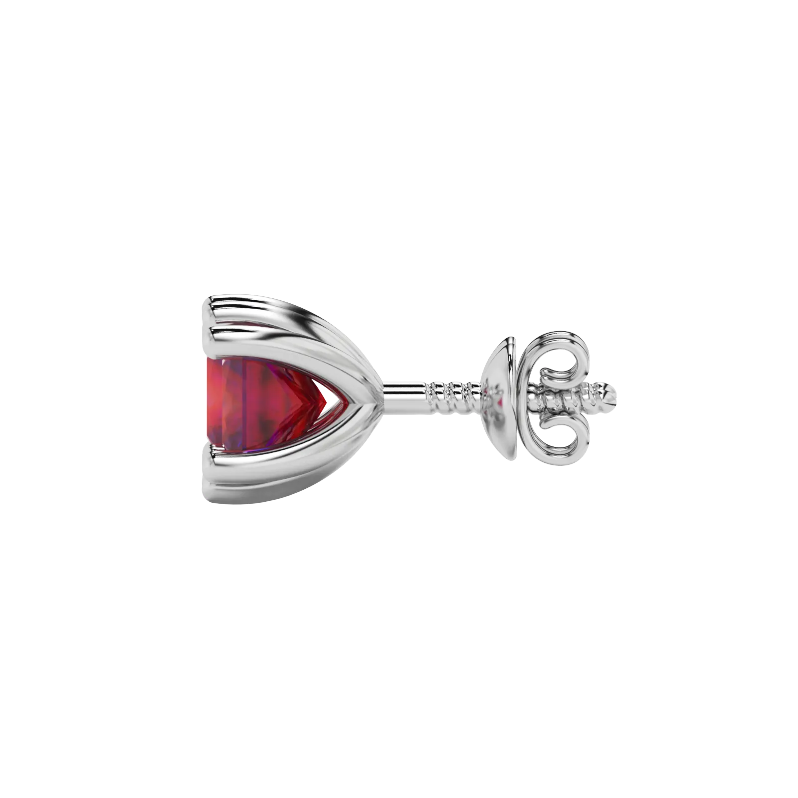 Side profile, white gold raspberry red earrings, six-prong gallery.