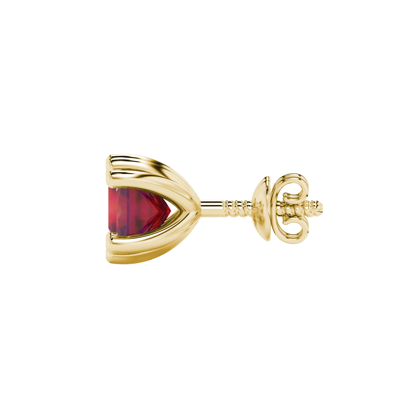 Side profile, yellow gold raspberry red earrings, six-prong gallery.