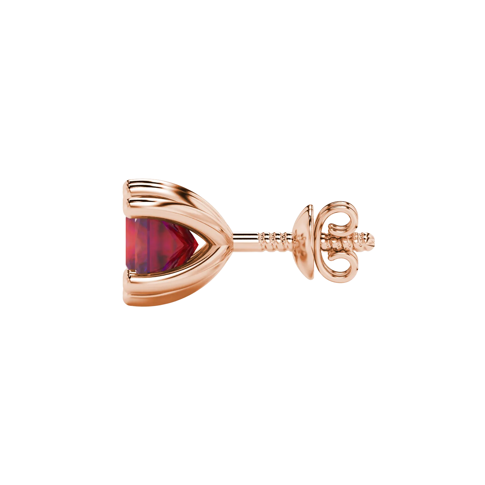 Side profile, rose gold raspberry red earrings, six-prong gallery.
