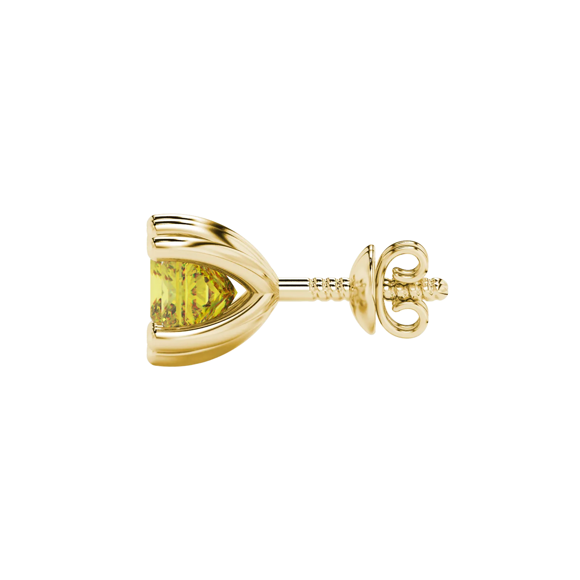 Side profile, yellow gold canary yellow earrings, six-prong gallery.