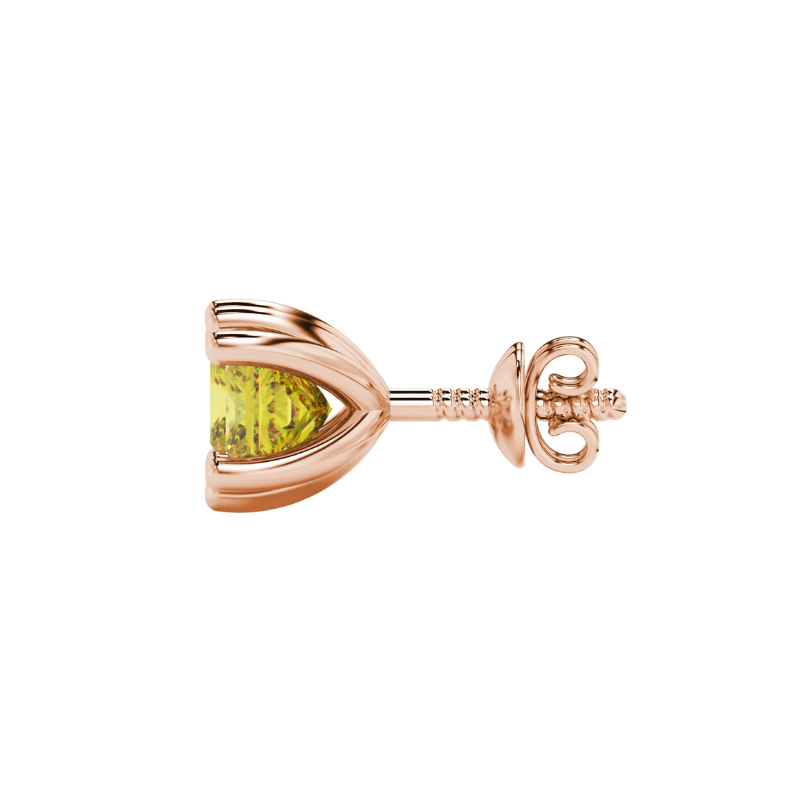 Side profile, rose gold canary yellow earrings, six-prong gallery.