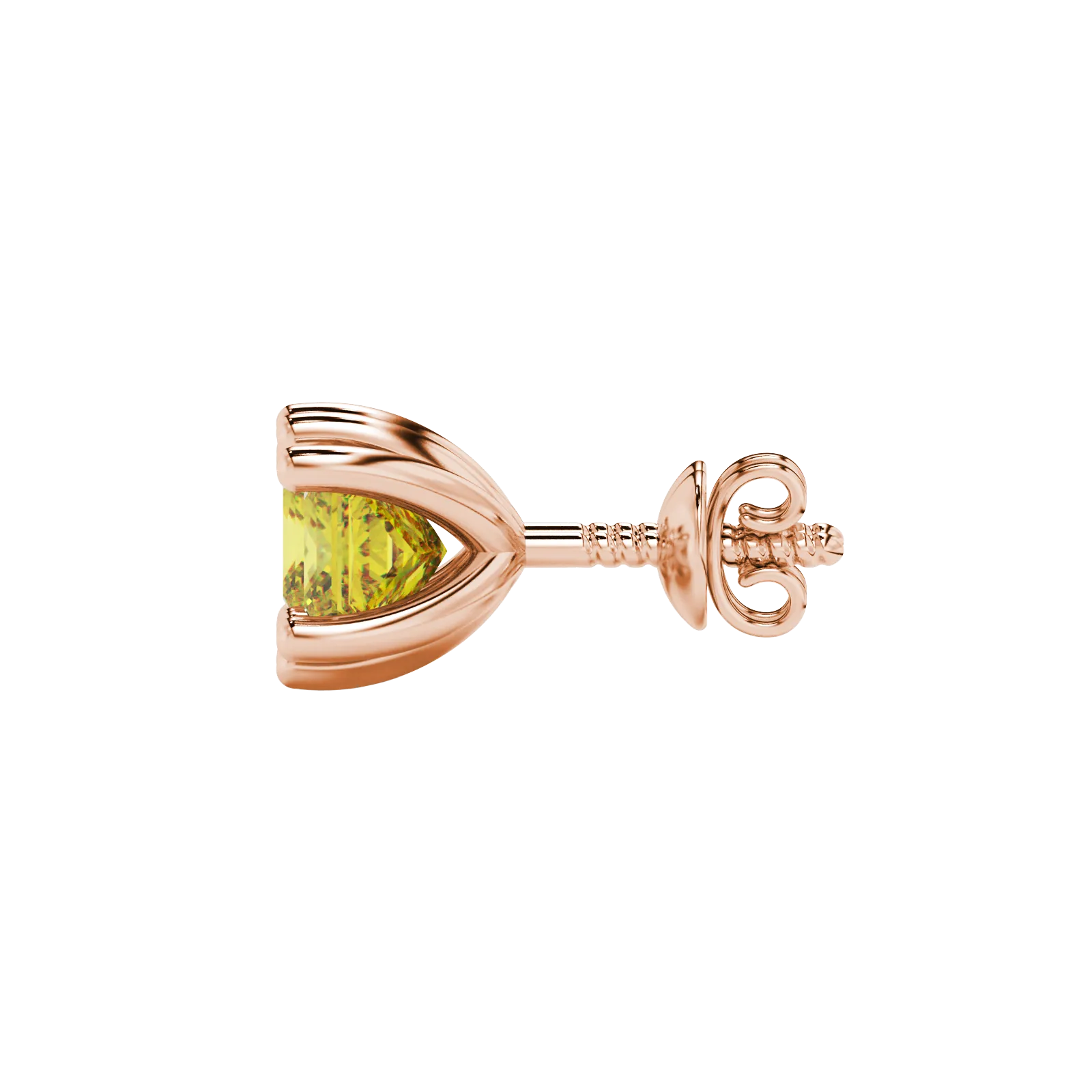 Side profile, rose gold canary yellow earrings, six-prong gallery.