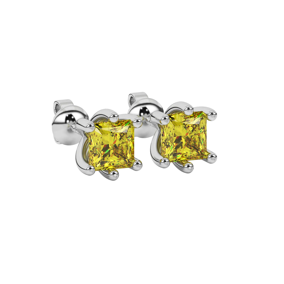Close-up canary yellow gemstone earing, white gold six-prong setting.
