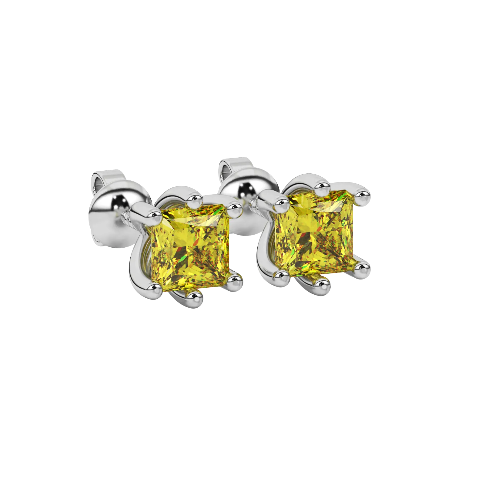 Close-up canary yellow gemstone earing, white gold six-prong setting.