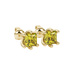 Close-up, princess canary yellow gemstone, yellow gold six-prong earrings.