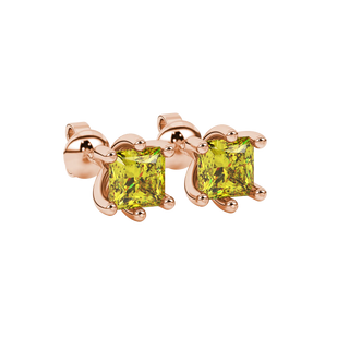 Close-up, princess canary yellow gemstone earrings, rose gold six-prong setting.