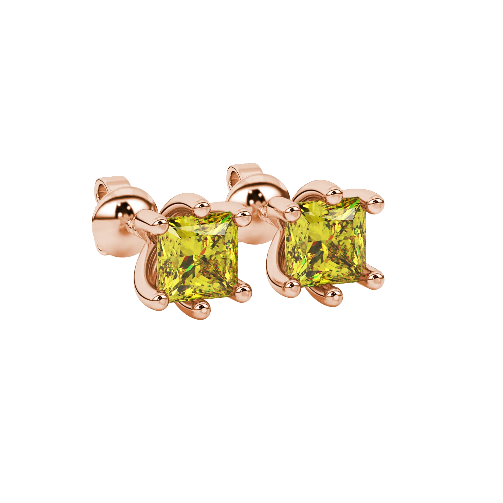 Close-up, princess canary yellow gemstone earrings, rose gold six-prong setting.