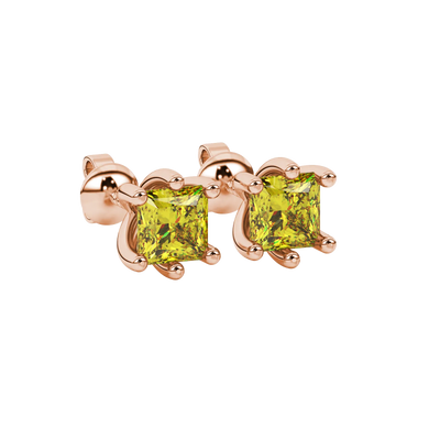 Close-up, princess canary yellow gemstone earrings, rose gold six-prong setting.