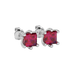 Close-up raspberry red gemstone earing, white gold six-prong setting.