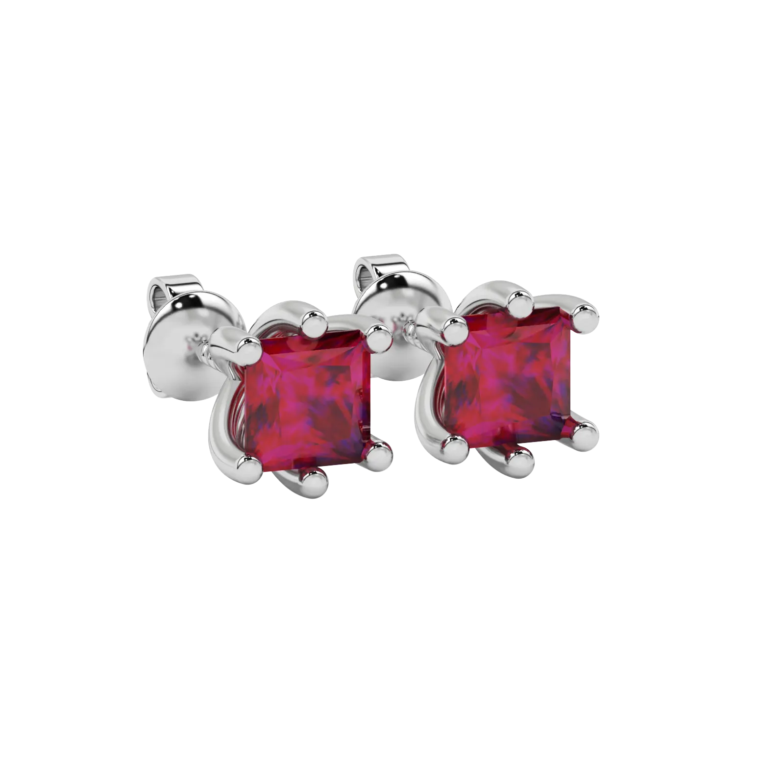 Close-up raspberry red gemstone earing, white gold six-prong setting.