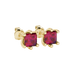 Close-up, princess raspberry red gemstone, yellow gold six-prong earrings.