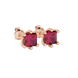 Close-up, princess raspberry red gemstone earrings, rose gold six-prong setting.
