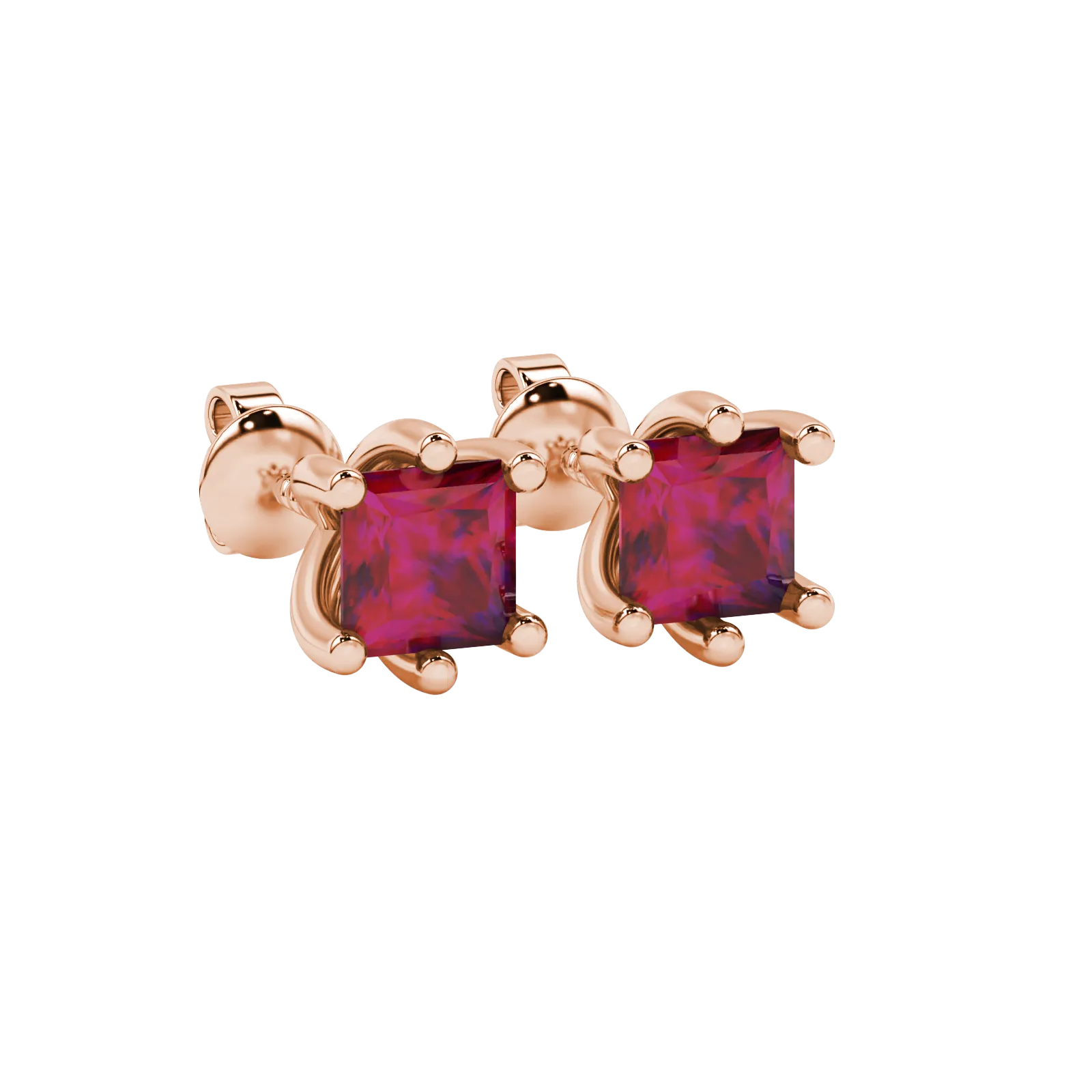 Close-up, princess raspberry red gemstone earrings, rose gold six-prong setting.
