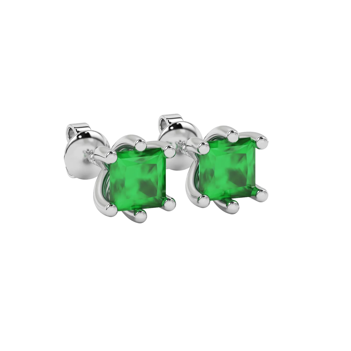 Close-up emerald green gemstone earing, white gold six-prong setting.
