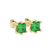 Close-up, princess emerald green gemstone, yellow gold six-prong earrings.