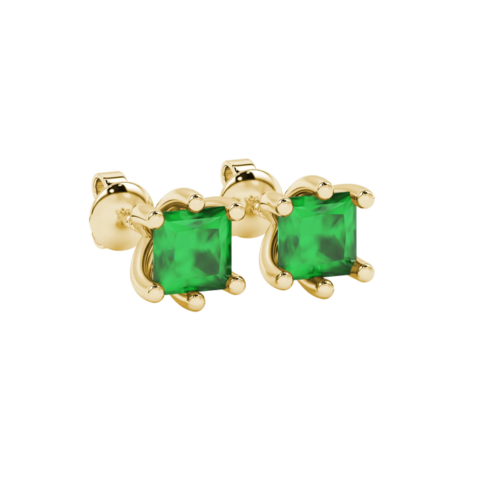 Close-up, princess emerald green gemstone, yellow gold six-prong earrings.