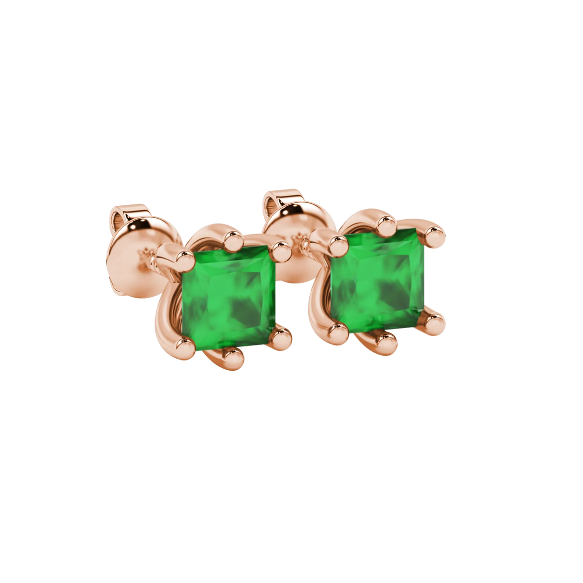Close-up, princess emerald green gemstone earrings, rose gold six-prong setting