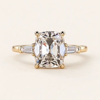 Cushion Old Mine Cut Lab Grown Diamond Three-Stone Ring in Yellow Gold