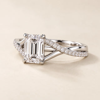 Emerald Cut Lab Grown Diamond Split Shank Engagement Ring in White Gold