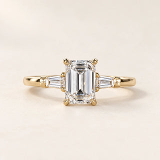 Emerald Cut Lab Grown Diamond Three-Stone Engagement Ring in Yellow Gold
