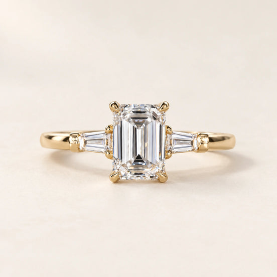 Emerald Cut Lab Grown Diamond Three-Stone Engagement Ring in Yellow Gold