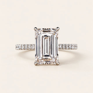 Emerald Cut Lab Grown Diamond Pavé Solitaire Ring in White Gold
