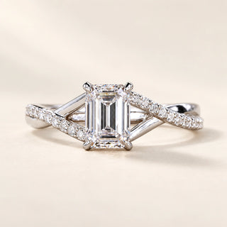 Emerald Cut Lab Grown Diamond Split Shank Engagement Ring in White Gold
