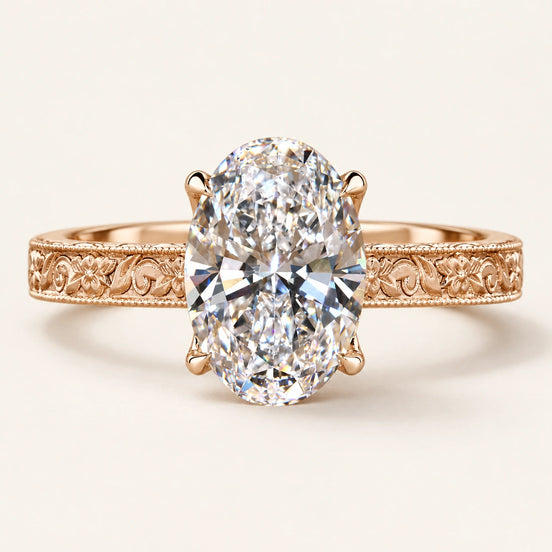 Oval Cut Lab Grown Diamond Vintage Milgrain Engagement Ring in Rose Gold