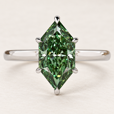 Green Dutch marquise cut lab grown diamond solitaire engagement ring with protective pointed-end prongs, four side claws and plain polished white gold shank.